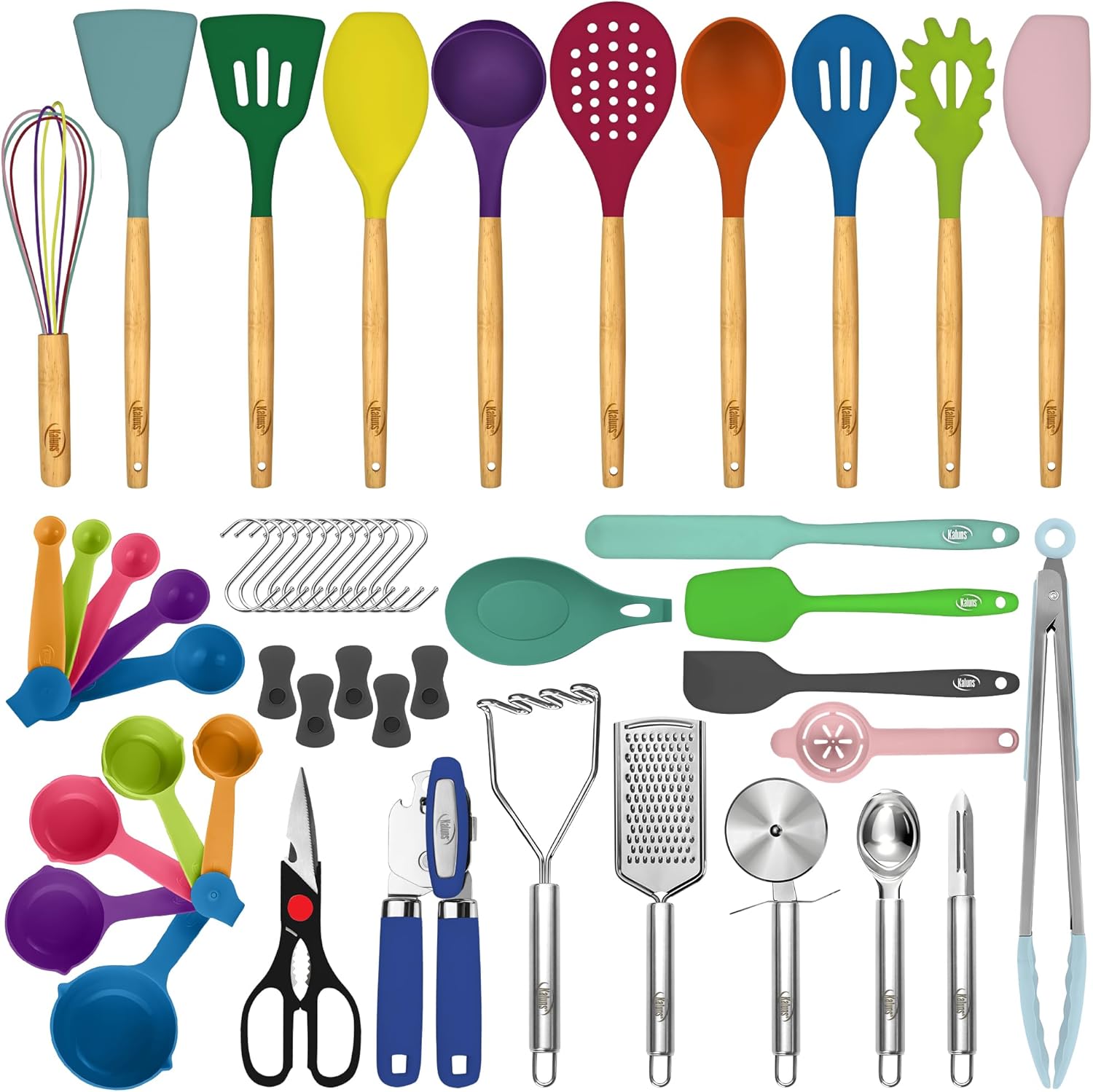 Kaluns 50 PCS Silicone Kitchen Utensils Set Complete Kitchen Set - 800°F Heat Resistant Non-Stick Premium Silicone Cooking Utensils W Wooden Handles, Multicolor-