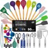 Kaluns 50 PCS Silicone Kitchen Utensils Set Complete Kitchen Set - 800°F Heat Resistant Non-Stick Premium Silicone Cooking Utensils W Wooden Handles - Can Opener, Masher, Turner, Silicone Spatula Set, Multicolor