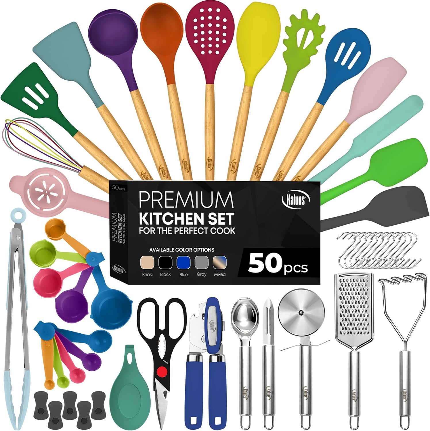 Kaluns 50 PCS Silicone Kitchen Utensils Set Complete Kitchen Set - 800°F Heat Resistant Non-Stick Premium Silicone Cooking Utensils W Wooden Handles, Multicolor Kaluns 50 PCS Silicone Kitchen Utensils Set Complete Kitchen Set - 800°F Heat Resistant Non-Stick Premium Silicone Cooking Utensils W Wooden Handles - Can Opener, Masher, Turner, Silicone Spatula Set, Multicolor