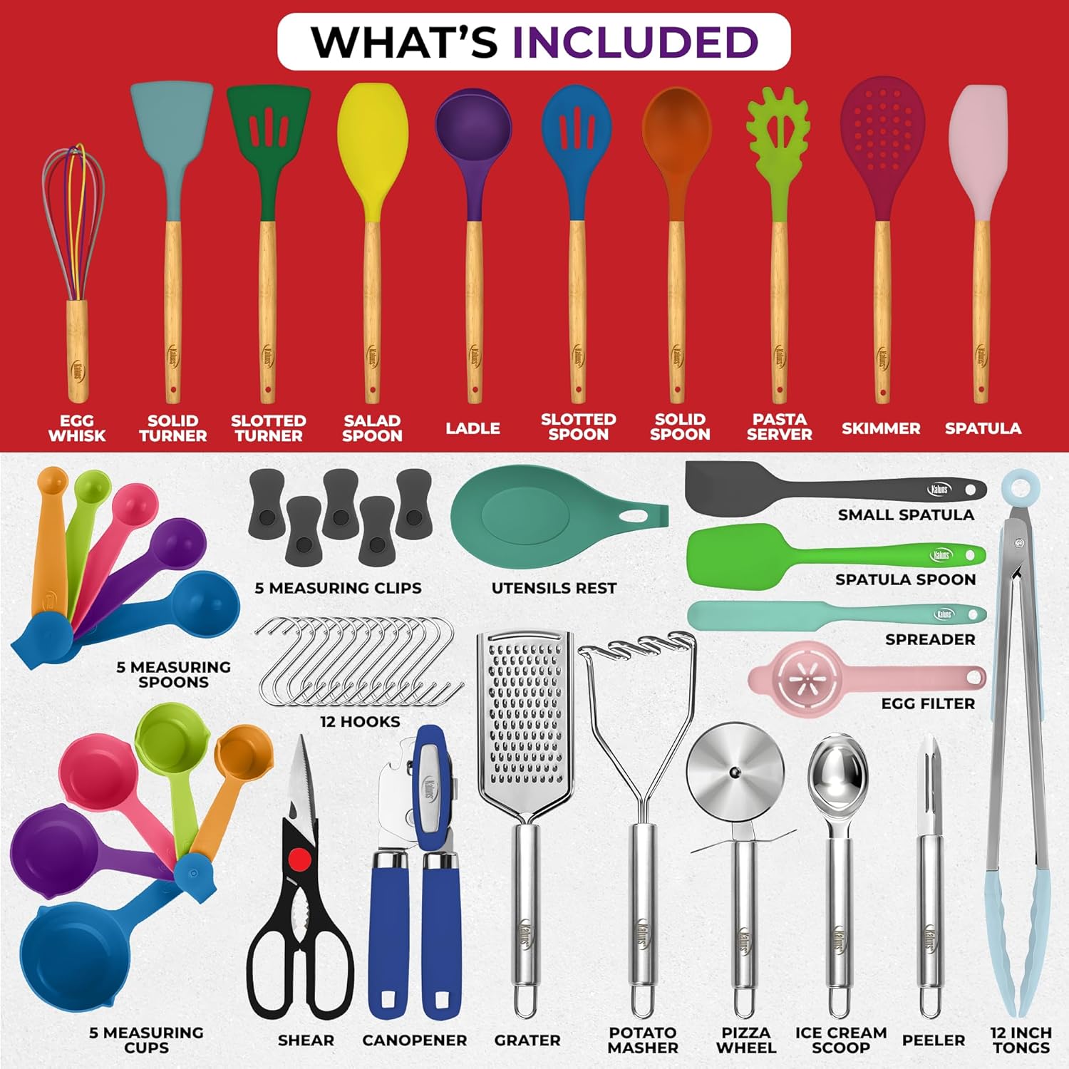 Kaluns 50 PCS Silicone Kitchen Utensils Set Complete Kitchen Set - 800°F Heat Resistant Non-Stick Premium Silicone Cooking Utensils W Wooden Handles, Multicolor1