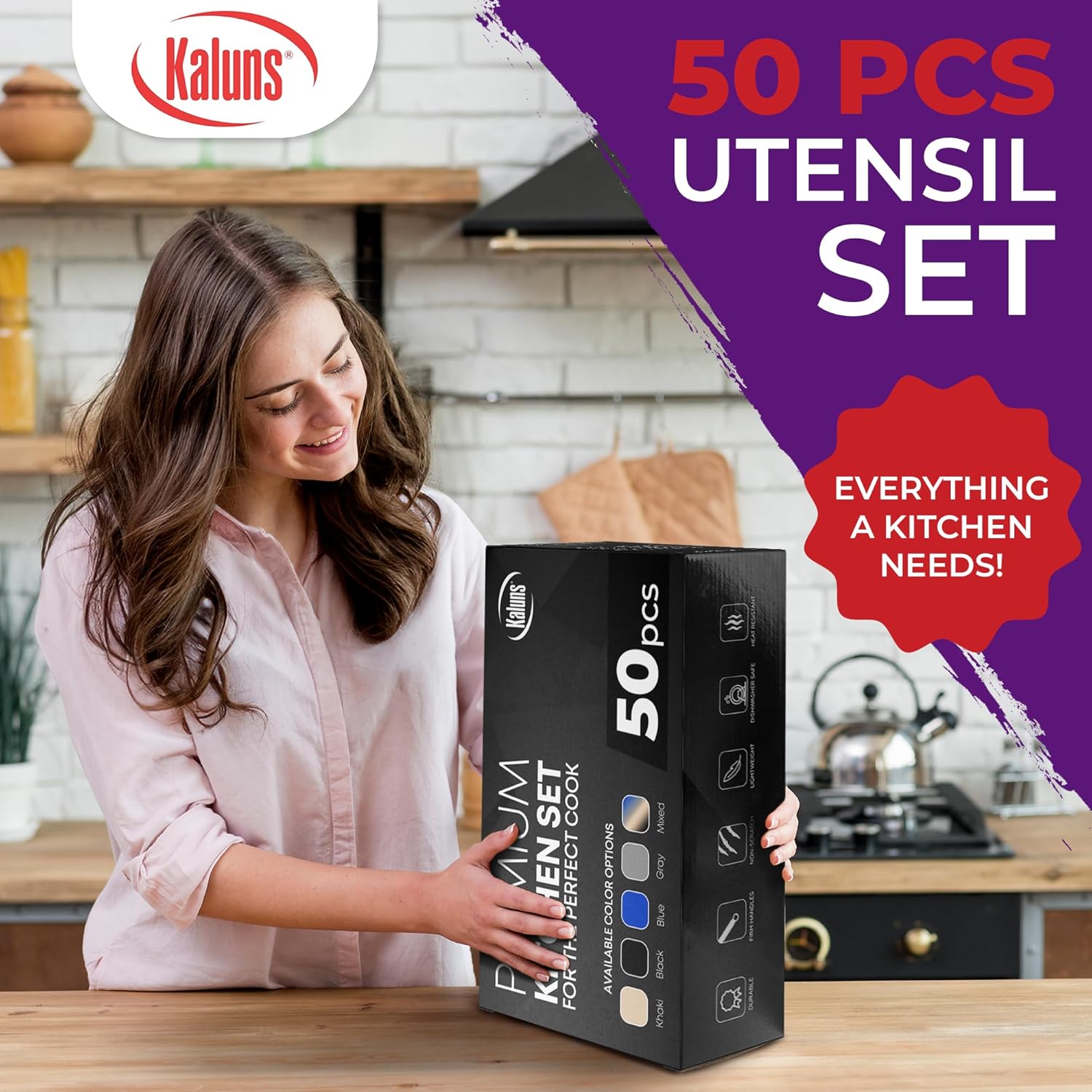 Kaluns 50 PCS Silicone Kitchen Utensils Set Complete Kitchen Set - 800°F Heat Resistant Non-Stick Premium Silicone Cooking Utensils W Wooden Handles, Multicolor4