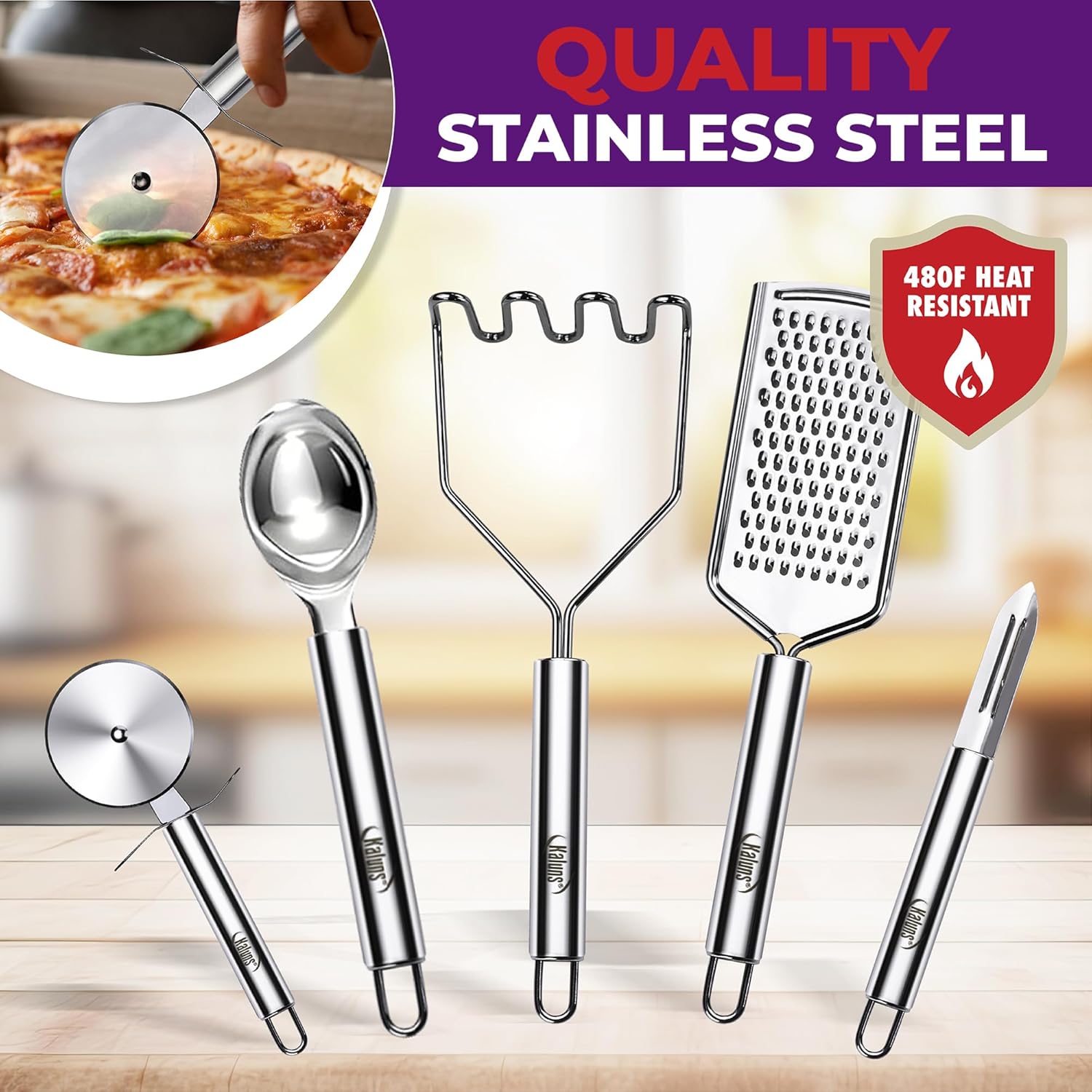 Kaluns 50 PCS Silicone Kitchen Utensils Set Complete Kitchen Set - 800°F Heat Resistant Non-Stick Premium Silicone Cooking Utensils W Wooden Handles, Multicolor9