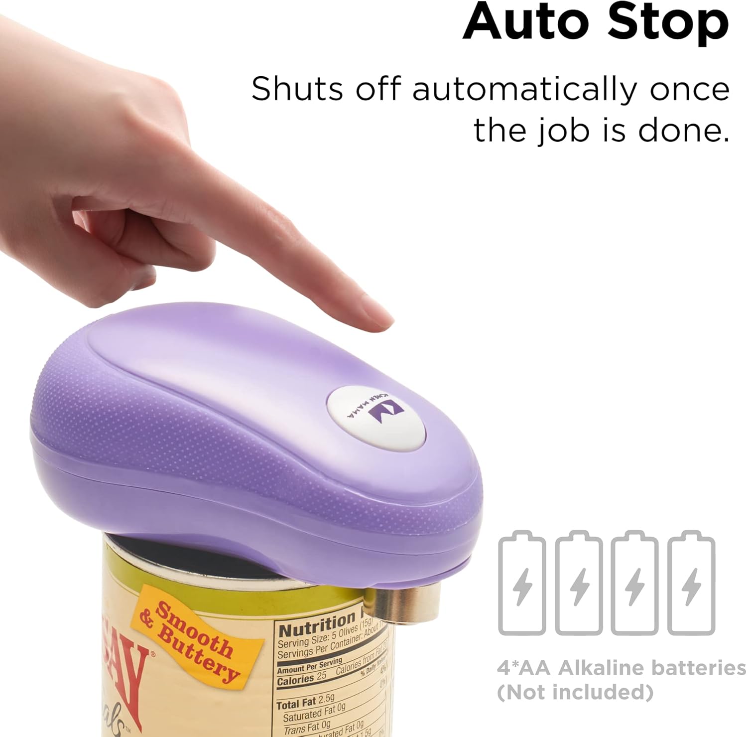 Kitchen Mama One Touch Can Opener Open Cans with Simple Press of A Button - Auto Stop As Task Completes, Ergonomic, Smooth Edge, Food-Safe, Battery Operated , Electric Can Opener (Purple)2