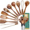 Kitchen Utenails Set with Holder,Kitchen Wooden Utensils for Cooking, Wood Utensil Natural Teak Wood Spoons for Cooking,Wooden Kitchen Utensil Set With Spatula and Ladle (11)