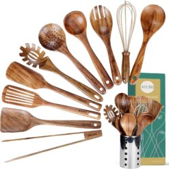 Kitchen Utenails Set with Holder,Kitchen Wooden Utensils for Cooking, Wood Utensil Natural Teak Wood Spoons for Cooking,Wooden Kitchen Utensil Set With Spatula and Ladle (11)