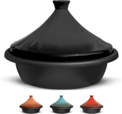 Kook Moroccan Tagine, Enameled Cast Iron Cooking Pot, Tajine with Ceramic Cone-Shaped Closed Lid, 3.3 QT (Ceramic Black)