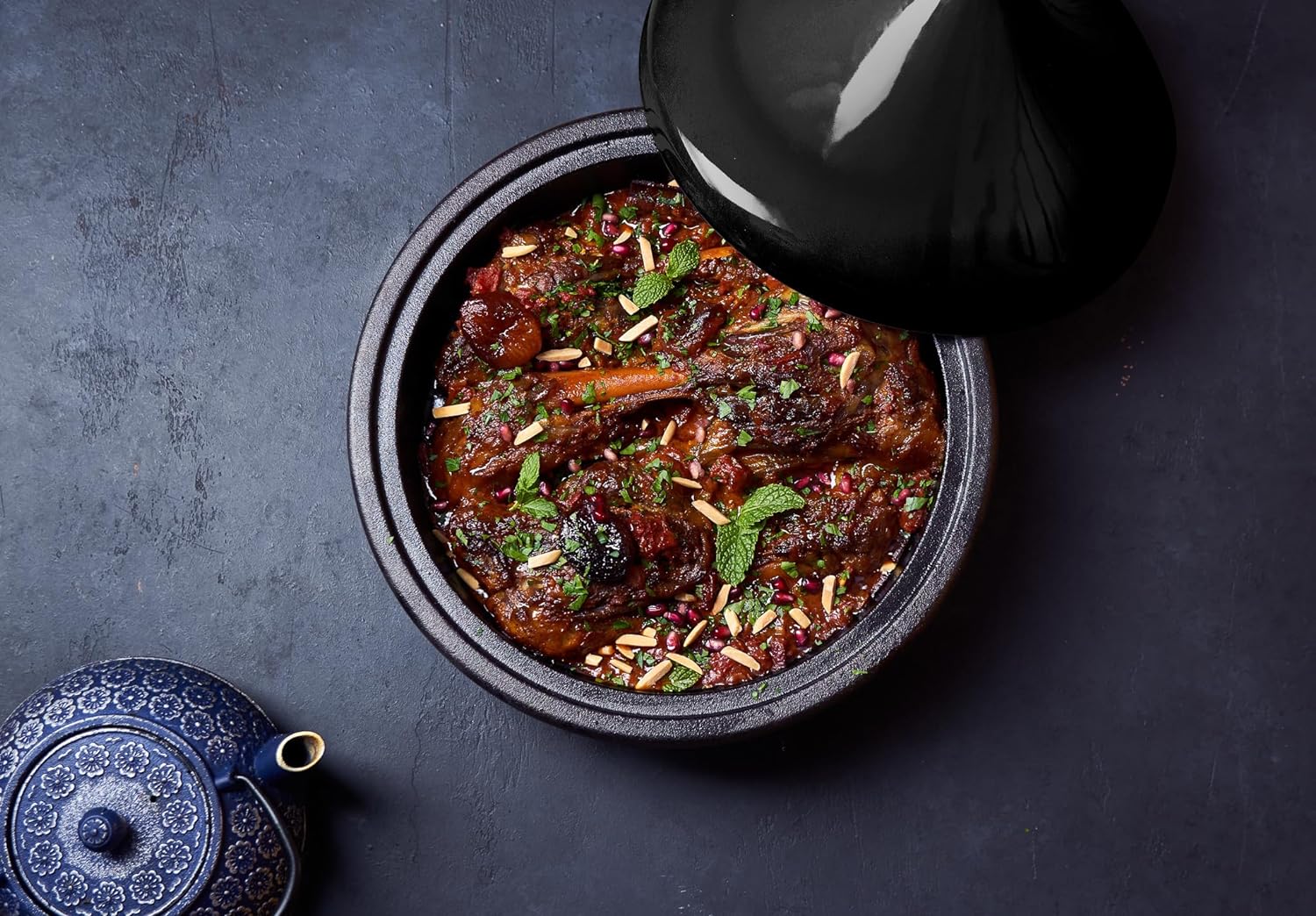 Kook Moroccan Tagine, Enameled Cast Iron Cooking Pot, Tajine with Ceramic Cone-Shaped Closed Lid, 3.3 QT (Ceramic Black)1