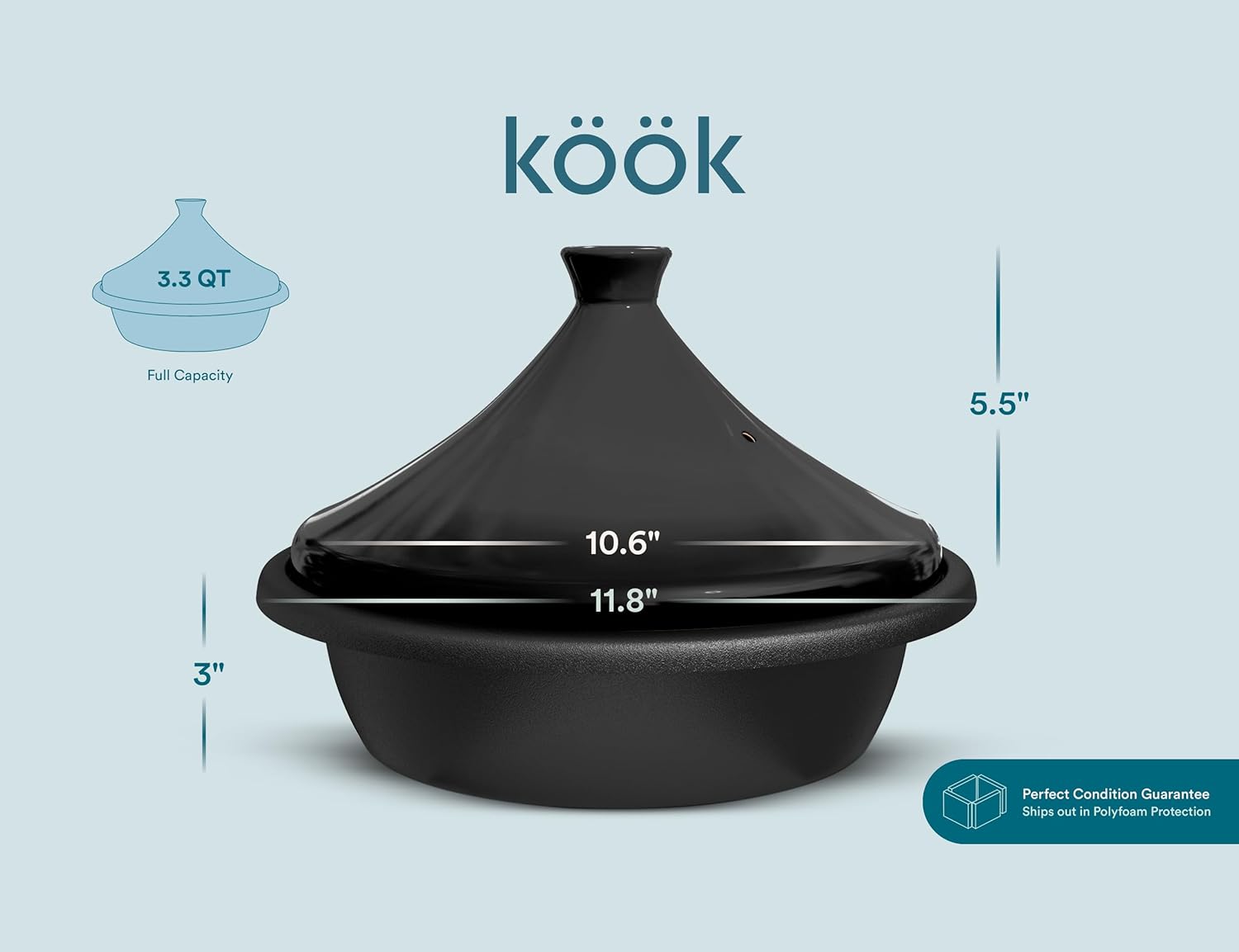 Kook Moroccan Tagine, Enameled Cast Iron Cooking Pot, Tajine with Ceramic Cone-Shaped Closed Lid, 3.3 QT (Ceramic Black)7