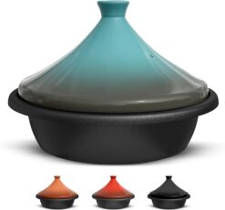 Kook Moroccan Tagine, Enameled Cast Iron Cooking Pot, Tajine with Ceramic Cone-Shaped Closed Lid, 3.3 QT (Stone Blue)