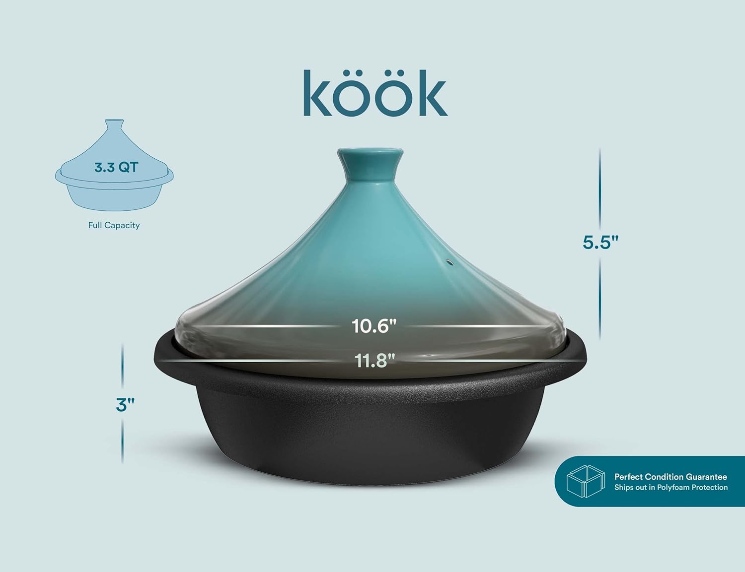 Kook Moroccan Tagine, Enameled Cast Iron Cooking Pot, Tajine with Ceramic Cone-Shaped Closed Lid, 3.3 QT (Stone Blue)0