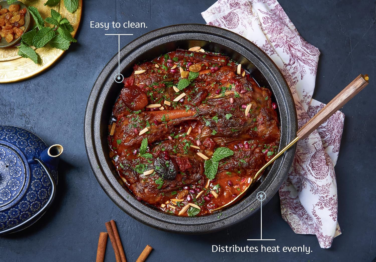 Kook Moroccan Tagine, Enameled Cast Iron Cooking Pot, Tajine with Ceramic Cone-Shaped Closed Lid, 3.3 QT (Stone Blue)5