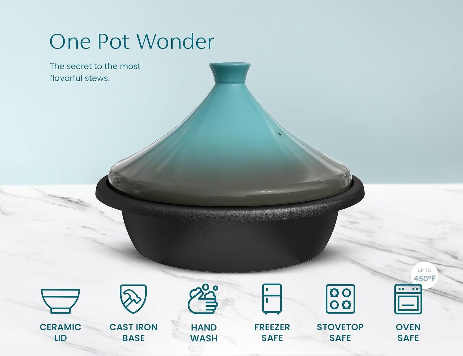 Kook Moroccan Tagine, Enameled Cast Iron Cooking Pot, Tajine with Ceramic Cone-Shaped Closed Lid, 3.3 QT (Stone Blue)8u