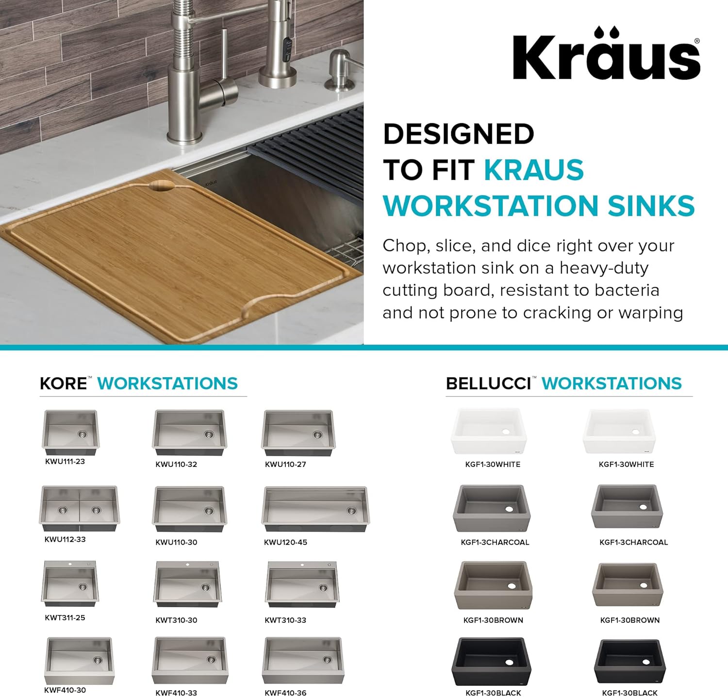 Kraus Kore Solid Bamboo Cutting Board for Workstation Kitchen Sink (16 3 4 in. x 12 in.), KCB-WS103BB88
