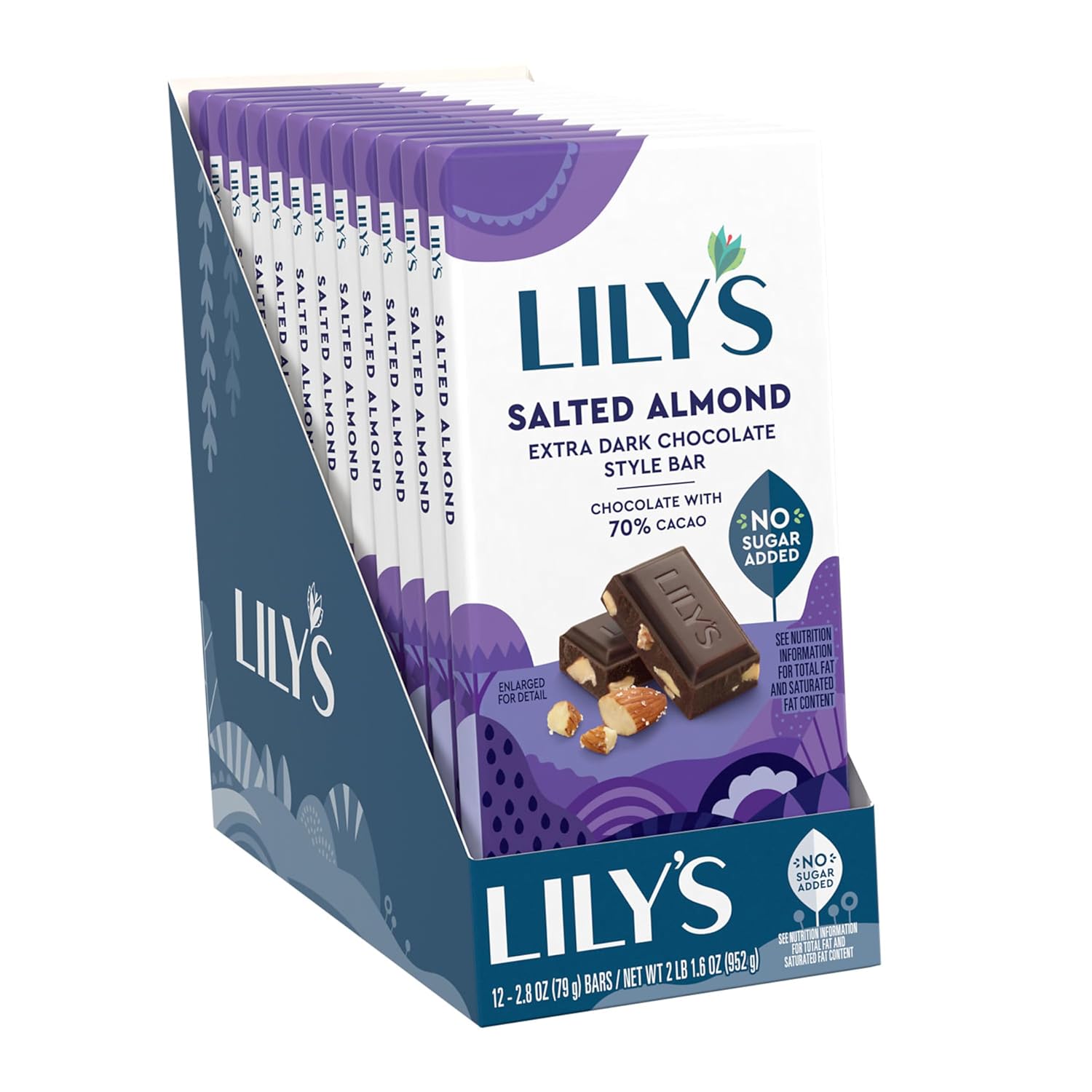 LILY'S Salted Almond Extra Dark Chocolate Style No Sugar Added, Sweets Bars, 2.8 oz (12 Count) LILY'S Salted Almond Extra Dark Chocolate Style No Sugar Added, Sweets Bars, 2.8 oz (12 Count)