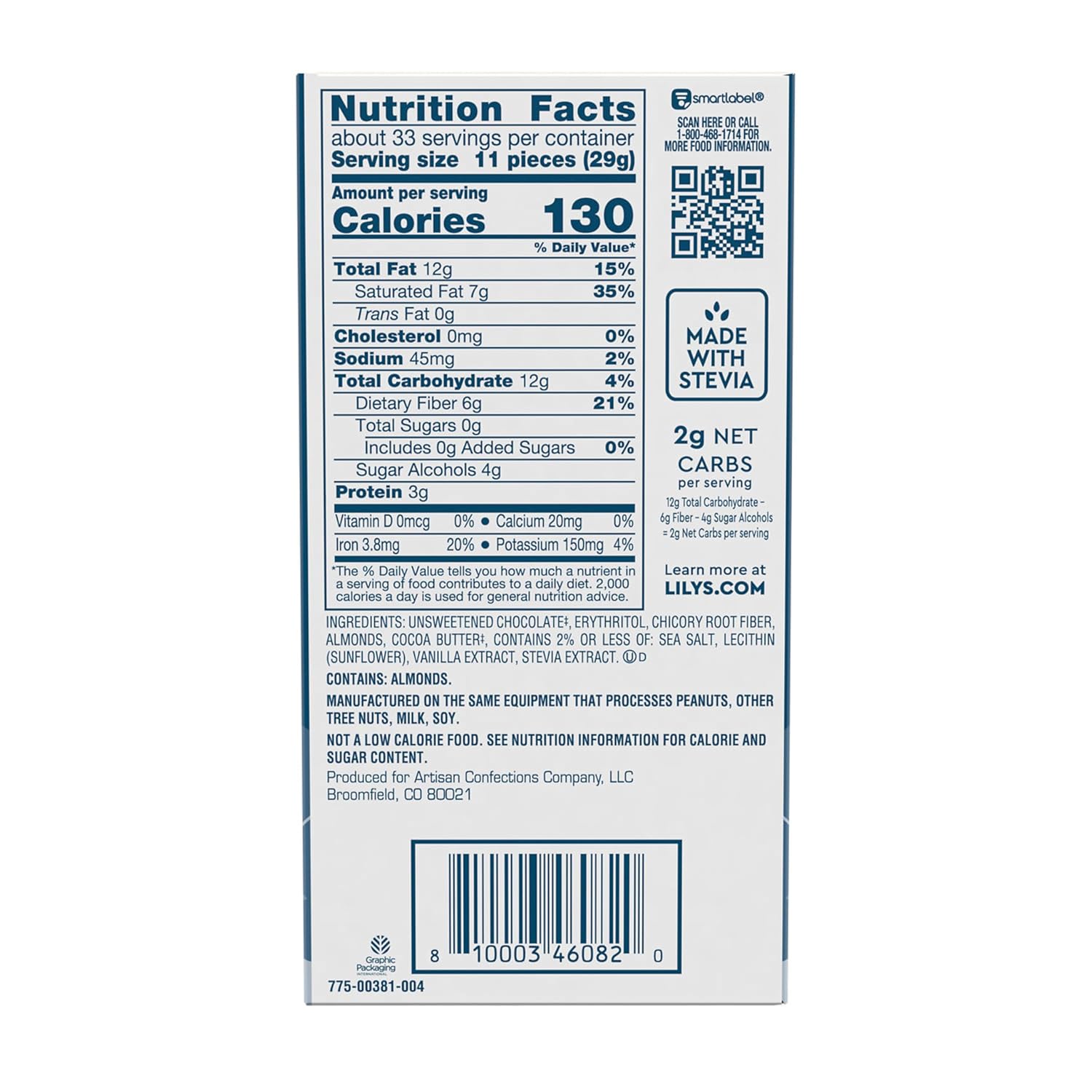 LILY'S Salted Almond Extra Dark Chocolate Style No Sugar Added, Sweets Bars, 2.8 oz (12 Count)1