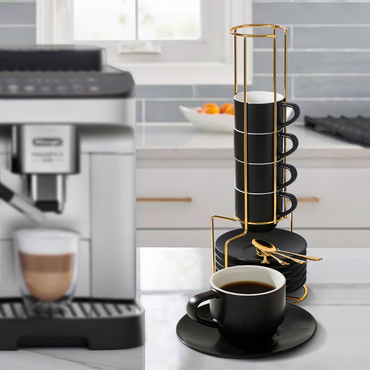 Lareina Porcelain Stackable Espresso Cups with Saucers, Spoons and Metal Stand 3 Ounce Small Cappuccino Coffee Cups Set of 6 - Ceramic Demitasse Cups for Nespresso Lungo, Double Espresso, Black2