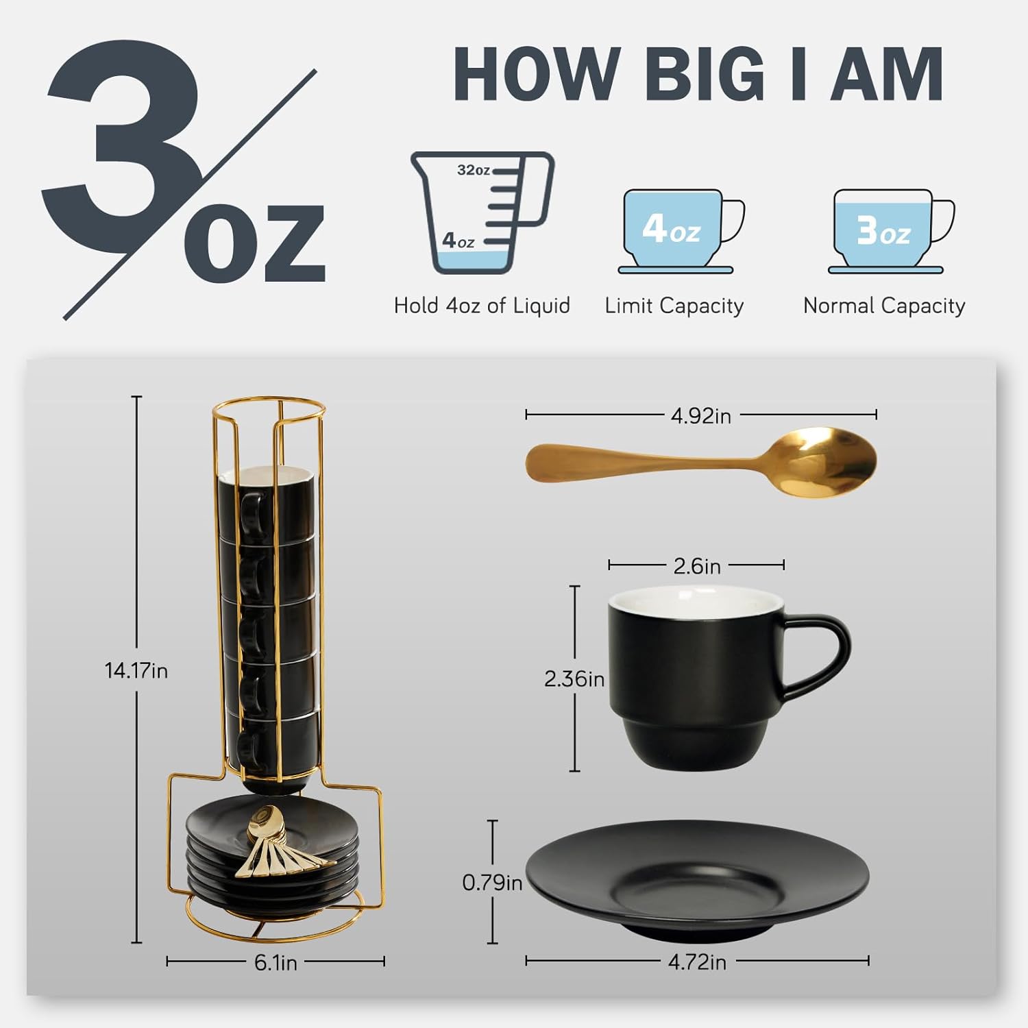 Lareina Porcelain Stackable Espresso Cups with Saucers, Spoons and Metal Stand 3 Ounce Small Cappuccino Coffee Cups Set of 6 - Ceramic Demitasse Cups for Nespresso Lungo, Double Espresso, Black6