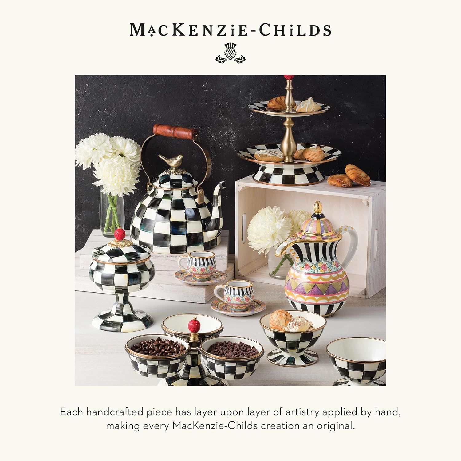 MACKENZIE-CHILDS Enamel Tea Kettle, Stylish Tea Kettle for Stovetop, Black-and-White Courtly Check, 2 Quarts0