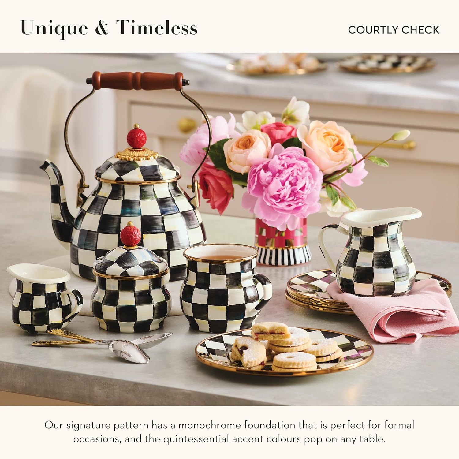 MACKENZIE-CHILDS Enamel Tea Kettle, Stylish Tea Kettle for Stovetop, Black-and-White Courtly Check, 2 Quarts2