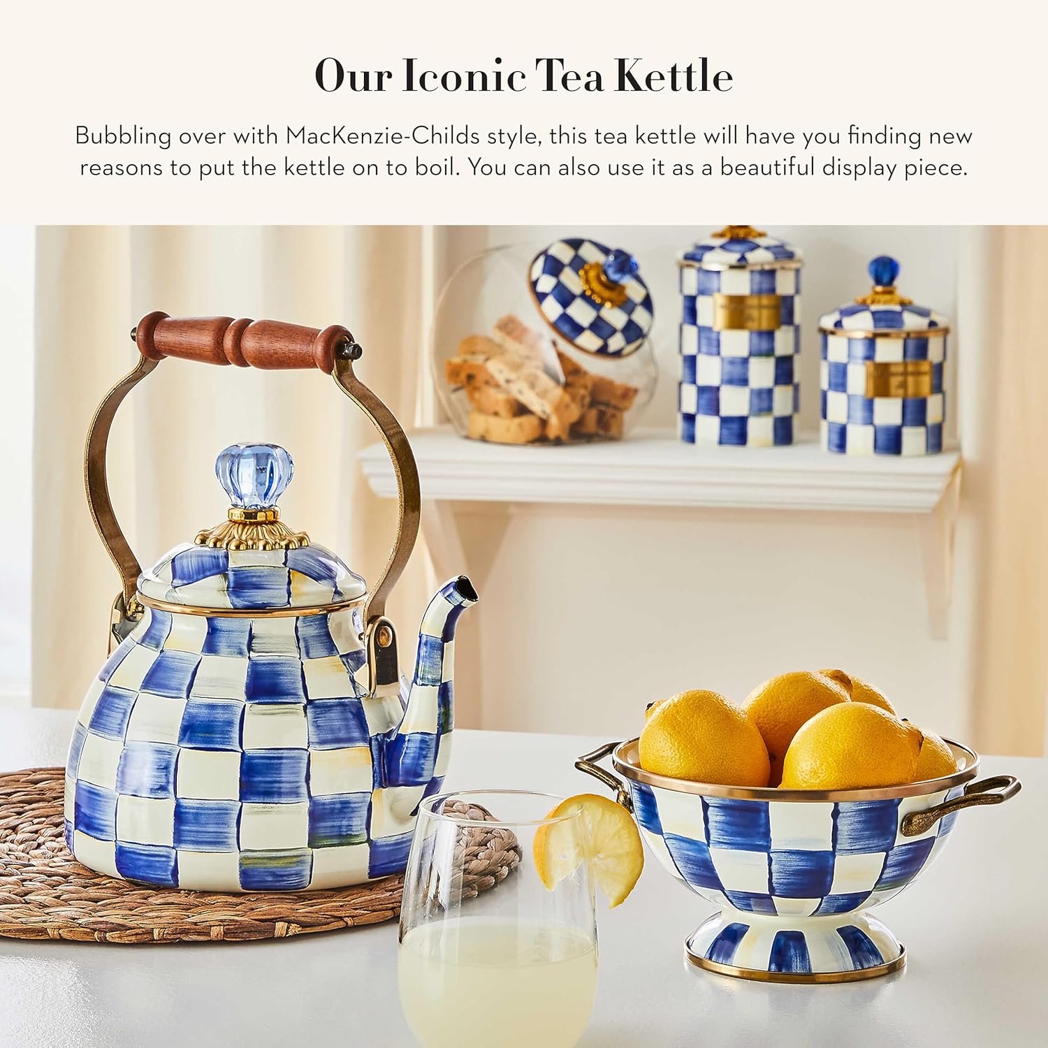 MACKENZIE-CHILDS Enamel Tea Kettle, Stylish Tea Kettle for Stovetop, Blue-and-White Royal Check, 2 Quarts1