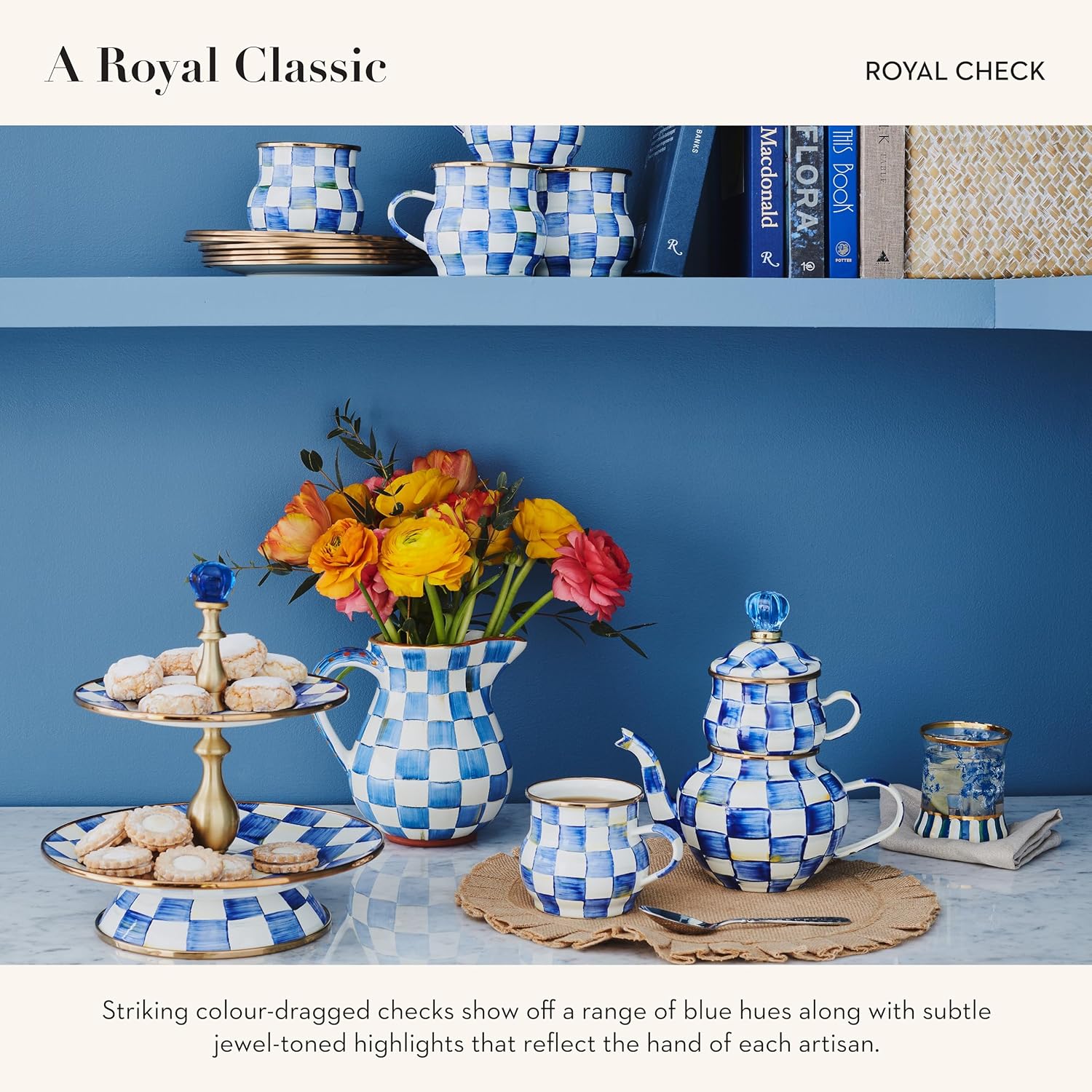 MACKENZIE-CHILDS Enamel Tea Kettle, Stylish Tea Kettle for Stovetop, Blue-and-White Royal Check, 2 Quarts2