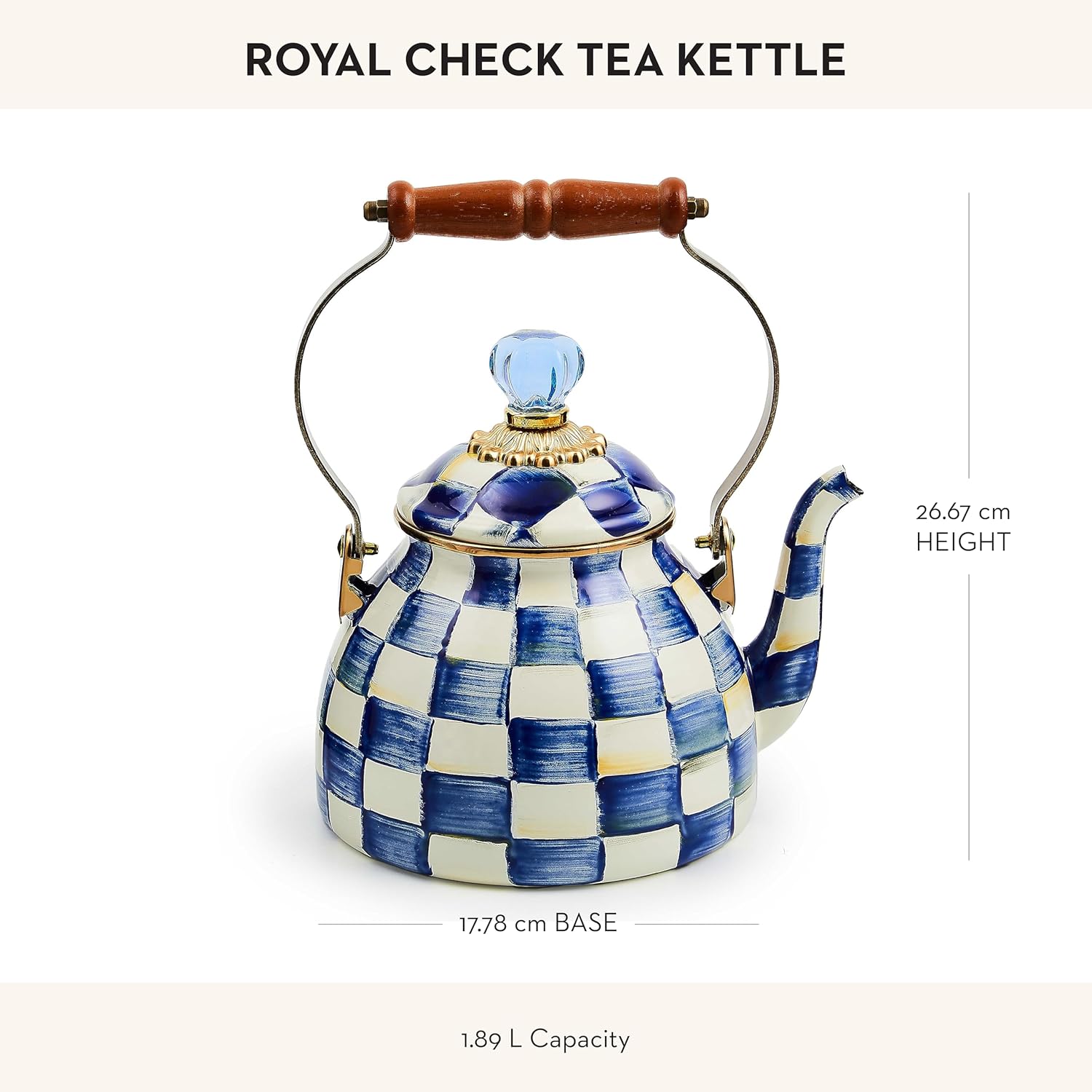MACKENZIE-CHILDS Enamel Tea Kettle, Stylish Tea Kettle for Stovetop, Blue-and-White Royal Check, 2 Quarts4