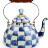 MACKENZIE-CHILDS Enamel Tea Kettle, Stylish Tea Kettle for Stovetop, Blue-and-White Royal Check, 3 Quarts