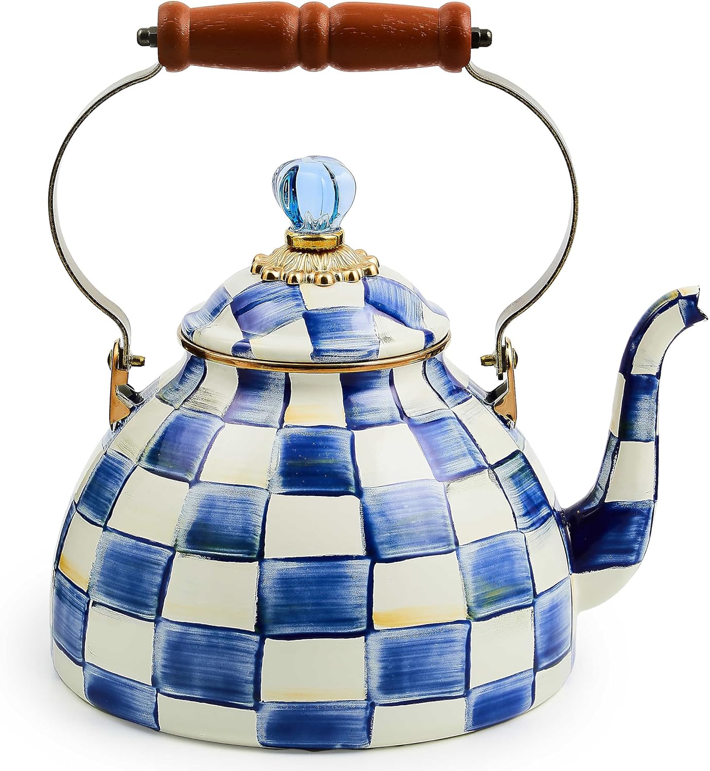 MACKENZIE-CHILDS Enamel Tea Kettle, Stylish Tea Kettle for Stovetop, Blue-and-White Royal Check, 3 Quarts MACKENZIE-CHILDS Enamel Tea Kettle, Stylish Tea Kettle for Stovetop, Blue-and-White Royal Check, 3 Quarts