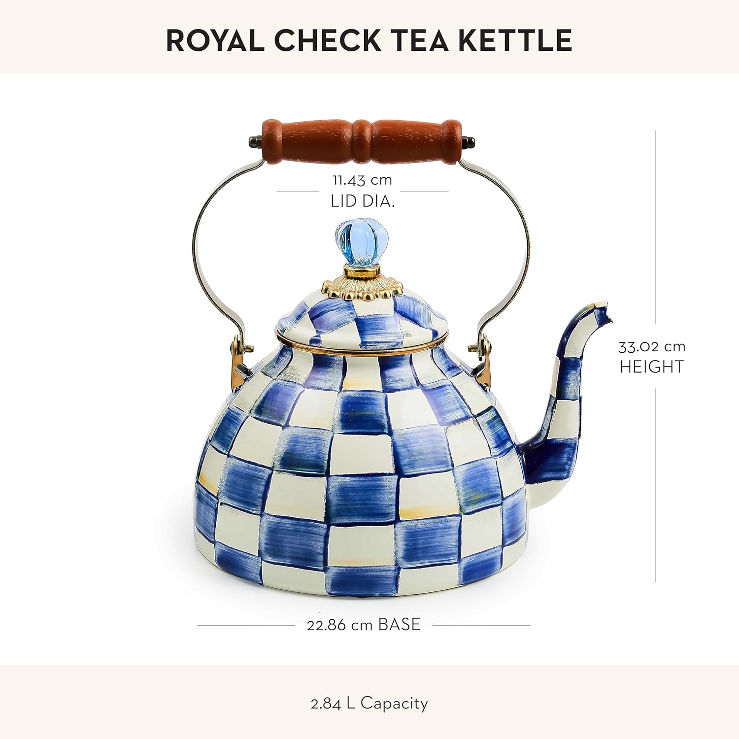 MACKENZIE-CHILDS Enamel Tea Kettle, Stylish Tea Kettle for Stovetop, Blue-and-White Royal Check, 3 Quarts0