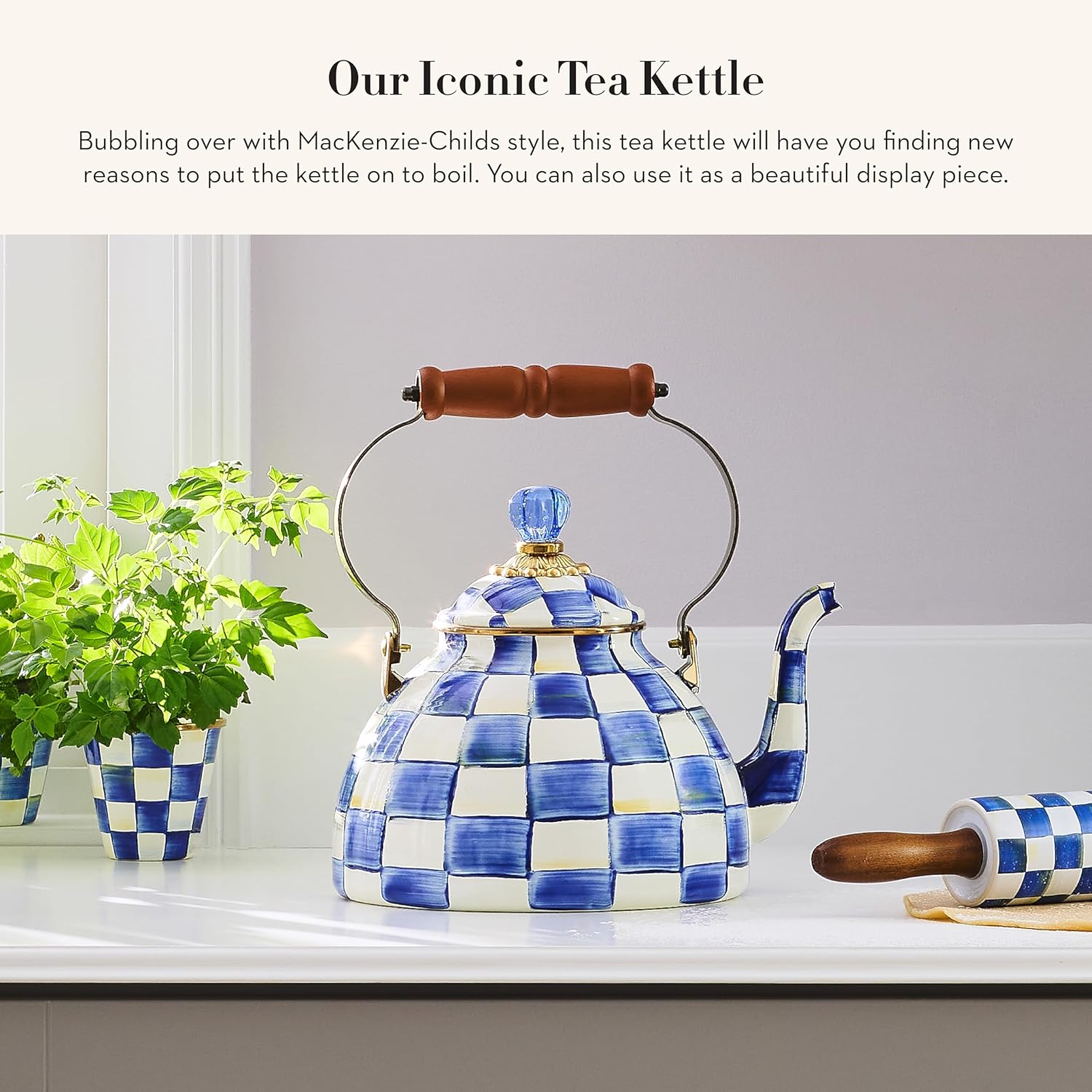 MACKENZIE-CHILDS Enamel Tea Kettle, Stylish Tea Kettle for Stovetop, Blue-and-White Royal Check, 3 Quarts1
