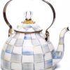 MACKENZIE-CHILDS Enamel Tea Kettle, Stylish Tea Kettle for Stovetop, Grey-and-White Sterling Check, 3 Quarts