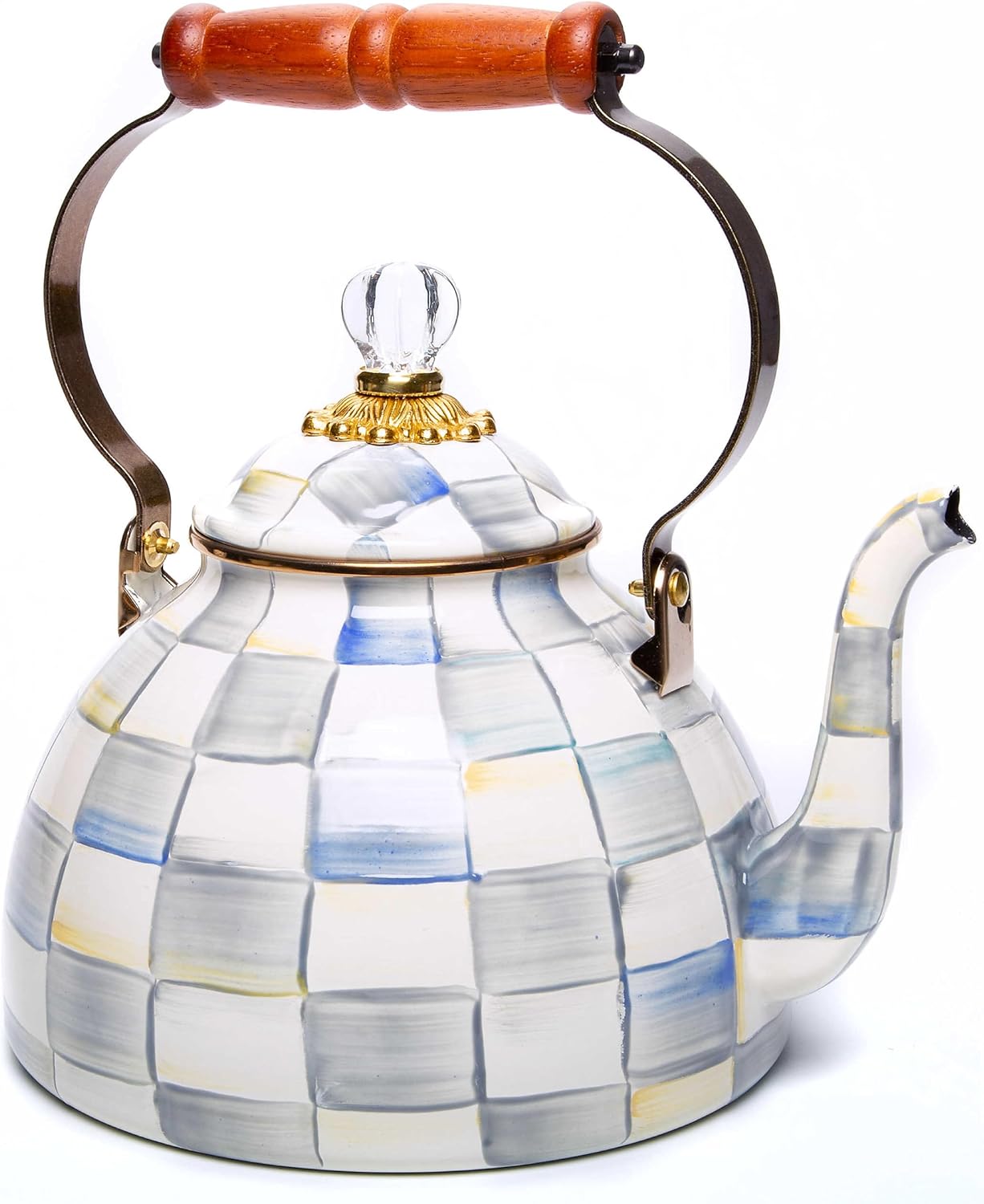 MACKENZIE-CHILDS Enamel Tea Kettle, Stylish Tea Kettle for Stovetop, Grey-and-White Sterling Check, 3 Quarts MACKENZIE-CHILDS Enamel Tea Kettle, Stylish Tea Kettle for Stovetop, Grey-and-White Sterling Check, 3 Quarts
