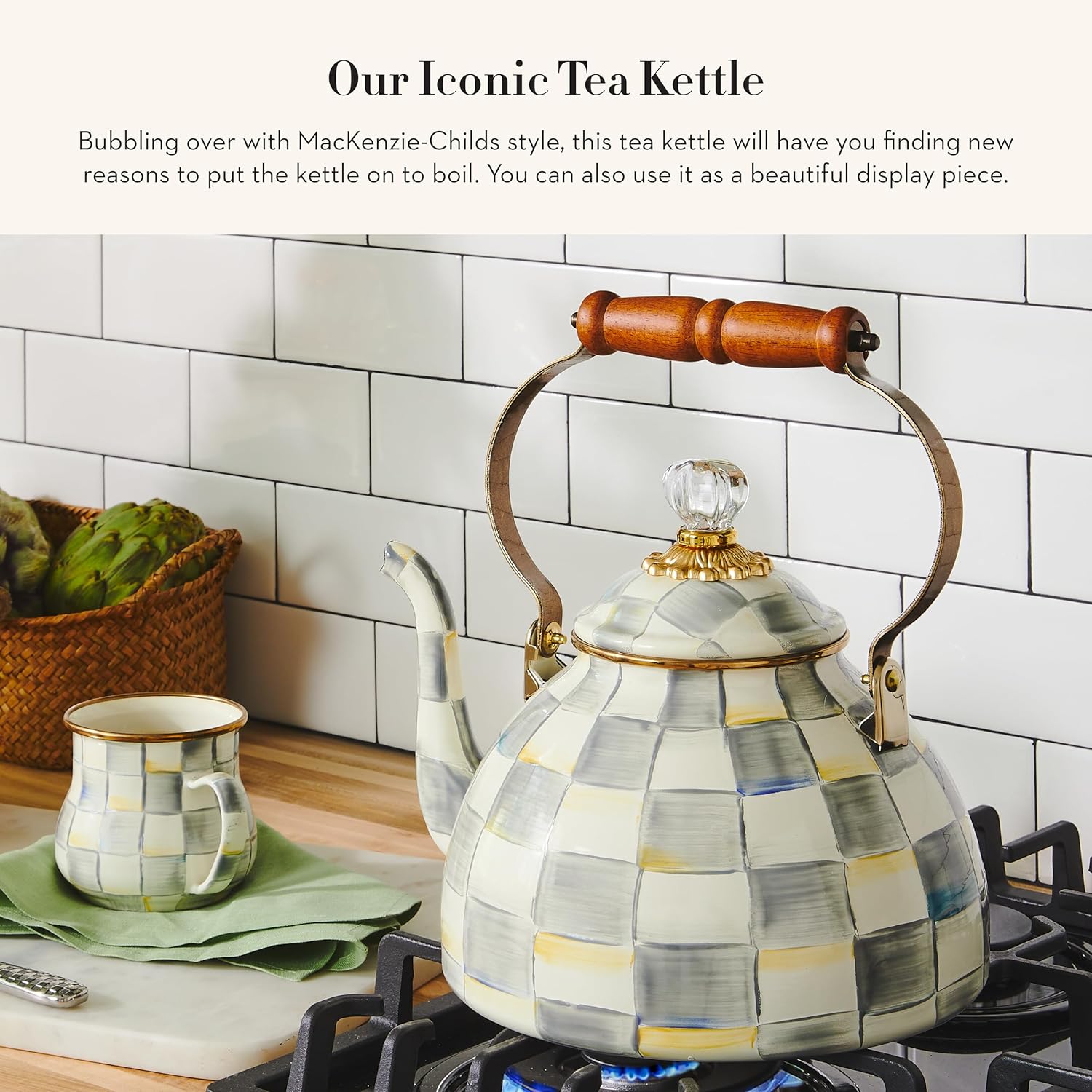 MACKENZIE-CHILDS Enamel Tea Kettle, Stylish Tea Kettle for Stovetop, Grey-and-White Sterling Check, 3 Quarts1