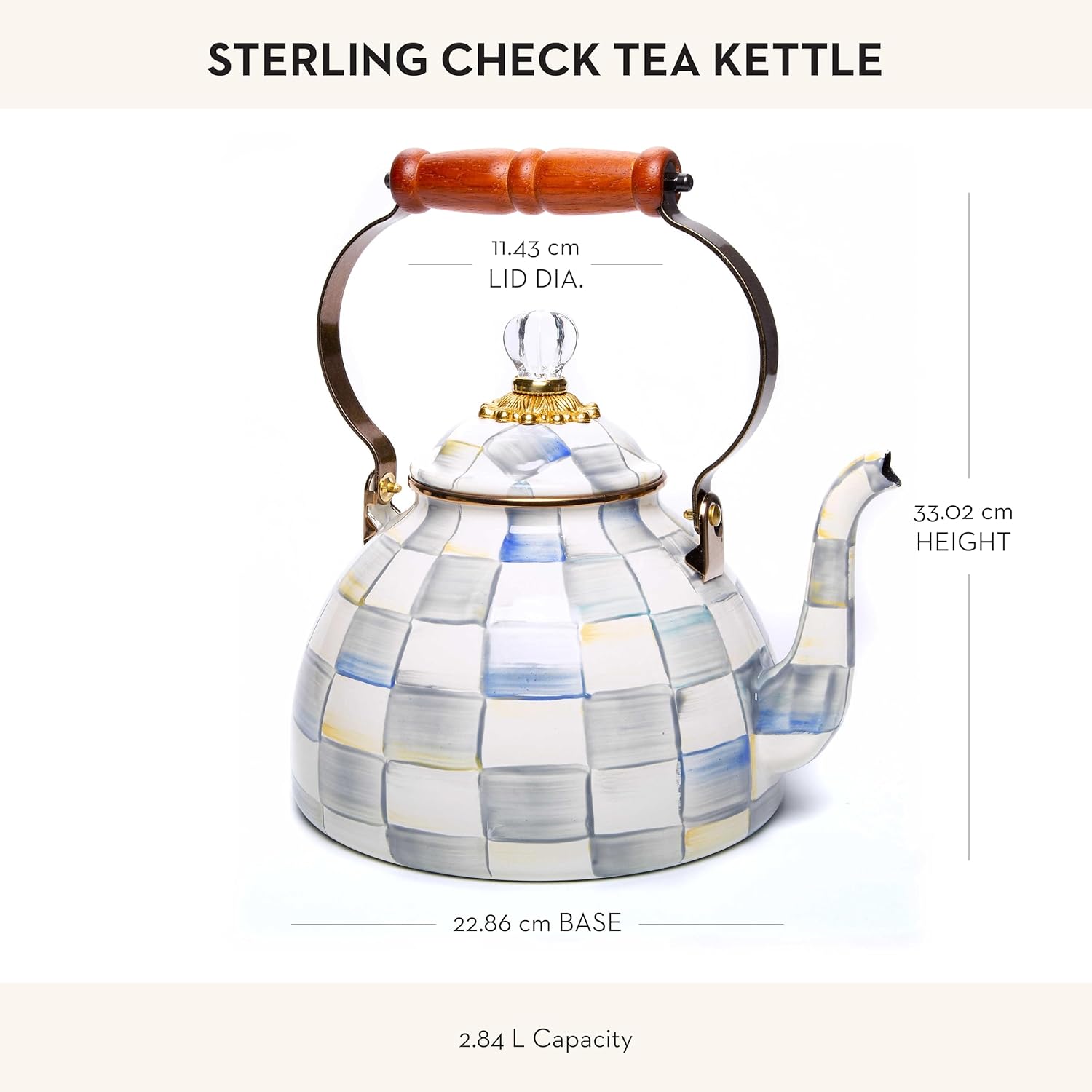 MACKENZIE-CHILDS Enamel Tea Kettle, Stylish Tea Kettle for Stovetop, Grey-and-White Sterling Check, 3 Quarts5