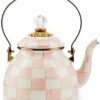 MACKENZIE-CHILDS Enamel Tea Kettle, Stylish Tea Kettle for Stovetop, Pink-and-White Rosy Check, 2 Quarts