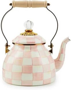 MACKENZIE-CHILDS Enamel Tea Kettle, Stylish Tea Kettle for Stovetop, Pink-and-White Rosy Check, 2 Quarts