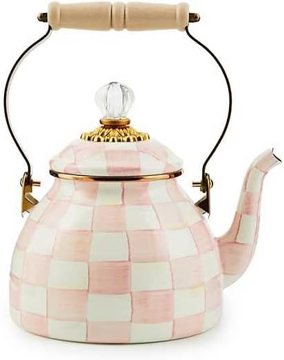 MACKENZIE-CHILDS Enamel Tea Kettle, Stylish Tea Kettle for Stovetop, Pink-and-White Rosy Check, 2 Quarts MACKENZIE-CHILDS Enamel Tea Kettle, Stylish Tea Kettle for Stovetop, Pink-and-White Rosy Check, 2 Quarts