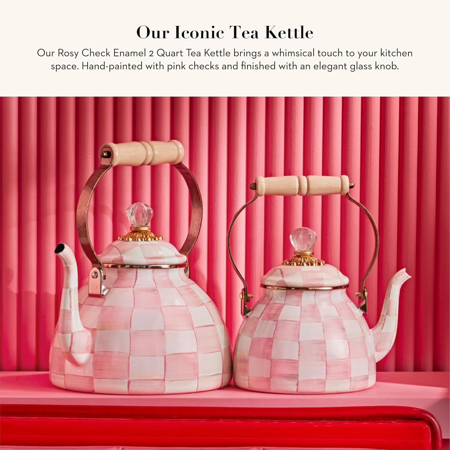 MACKENZIE-CHILDS Enamel Tea Kettle, Stylish Tea Kettle for Stovetop, Pink-and-White Rosy Check, 2 Quarts1