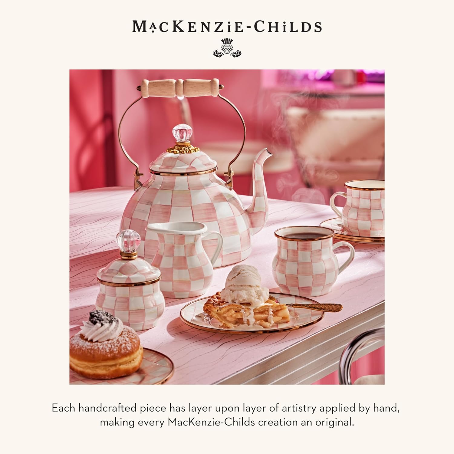 MACKENZIE-CHILDS Enamel Tea Kettle, Stylish Tea Kettle for Stovetop, Pink-and-White Rosy Check, 2 Quarts9