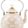 MACKENZIE-CHILDS Enamel Tea Kettle, Stylish Tea Kettle for Stovetop, Pink-and-White Rosy Check, 3 Quarts
