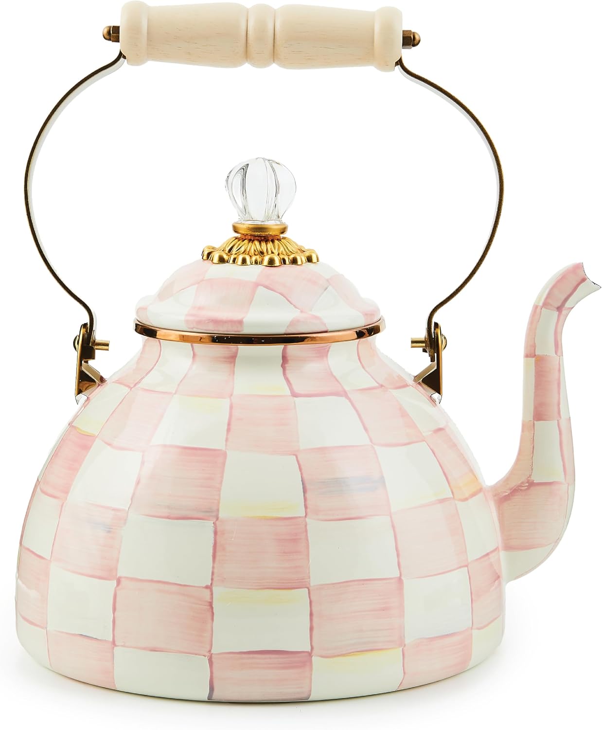 MACKENZIE-CHILDS Enamel Tea Kettle, Stylish Tea Kettle for Stovetop, Pink-and-White Rosy Check, 3 Quarts MACKENZIE-CHILDS Enamel Tea Kettle, Stylish Tea Kettle for Stovetop, Pink-and-White Rosy Check, 3 Quarts