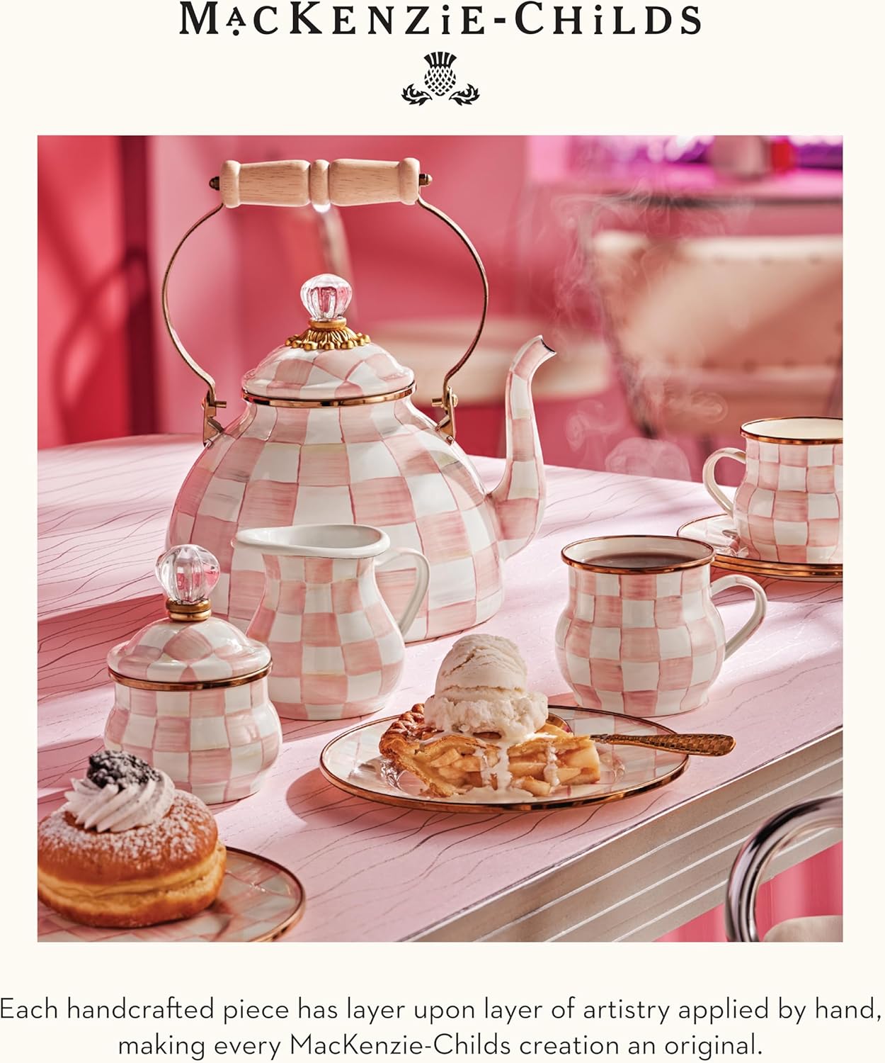 MACKENZIE-CHILDS Enamel Tea Kettle, Stylish Tea Kettle for Stovetop, Pink-and-White Rosy Check, 3 Quarts2