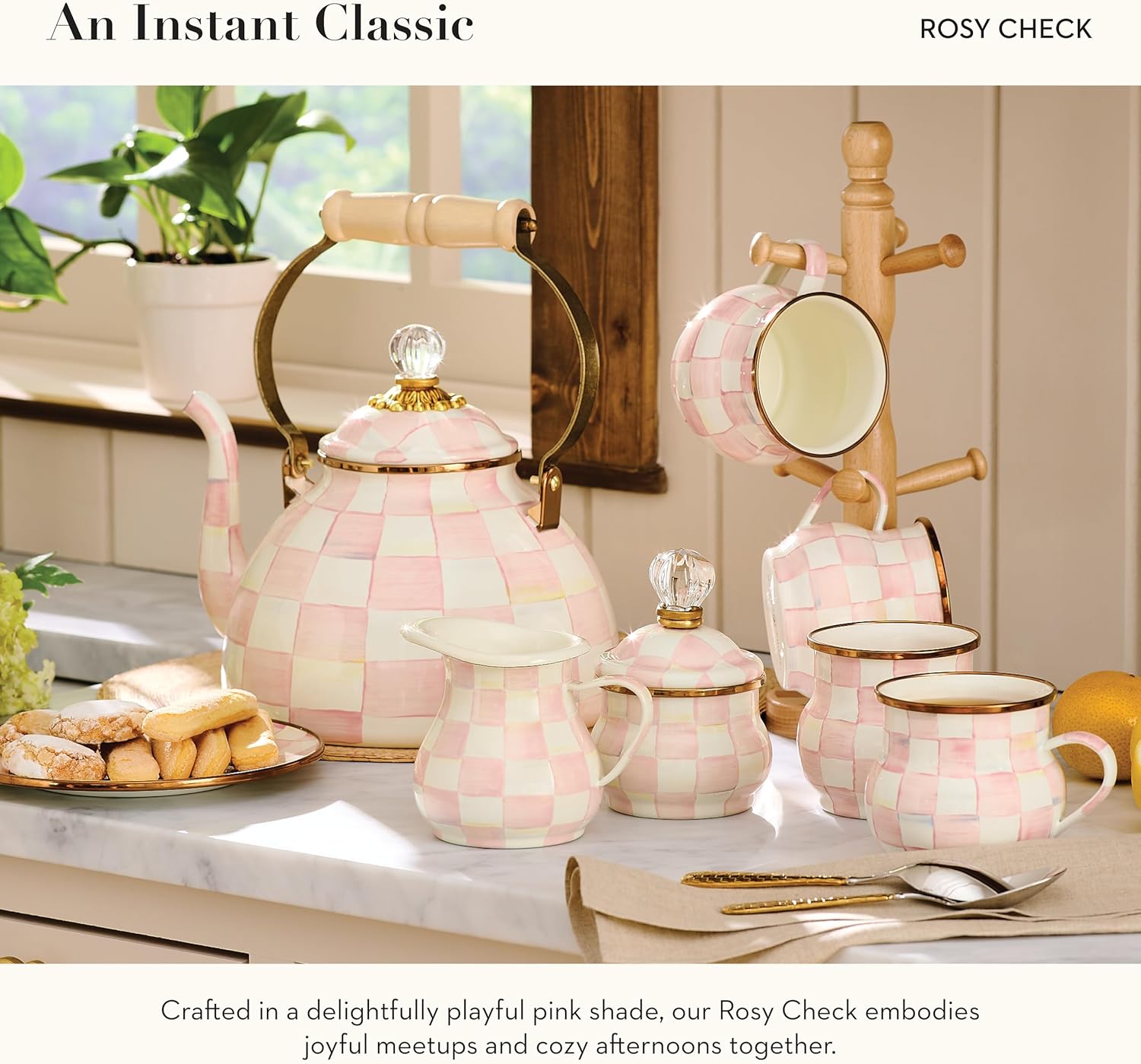 MACKENZIE-CHILDS Enamel Tea Kettle, Stylish Tea Kettle for Stovetop, Pink-and-White Rosy Check, 3 Quarts5