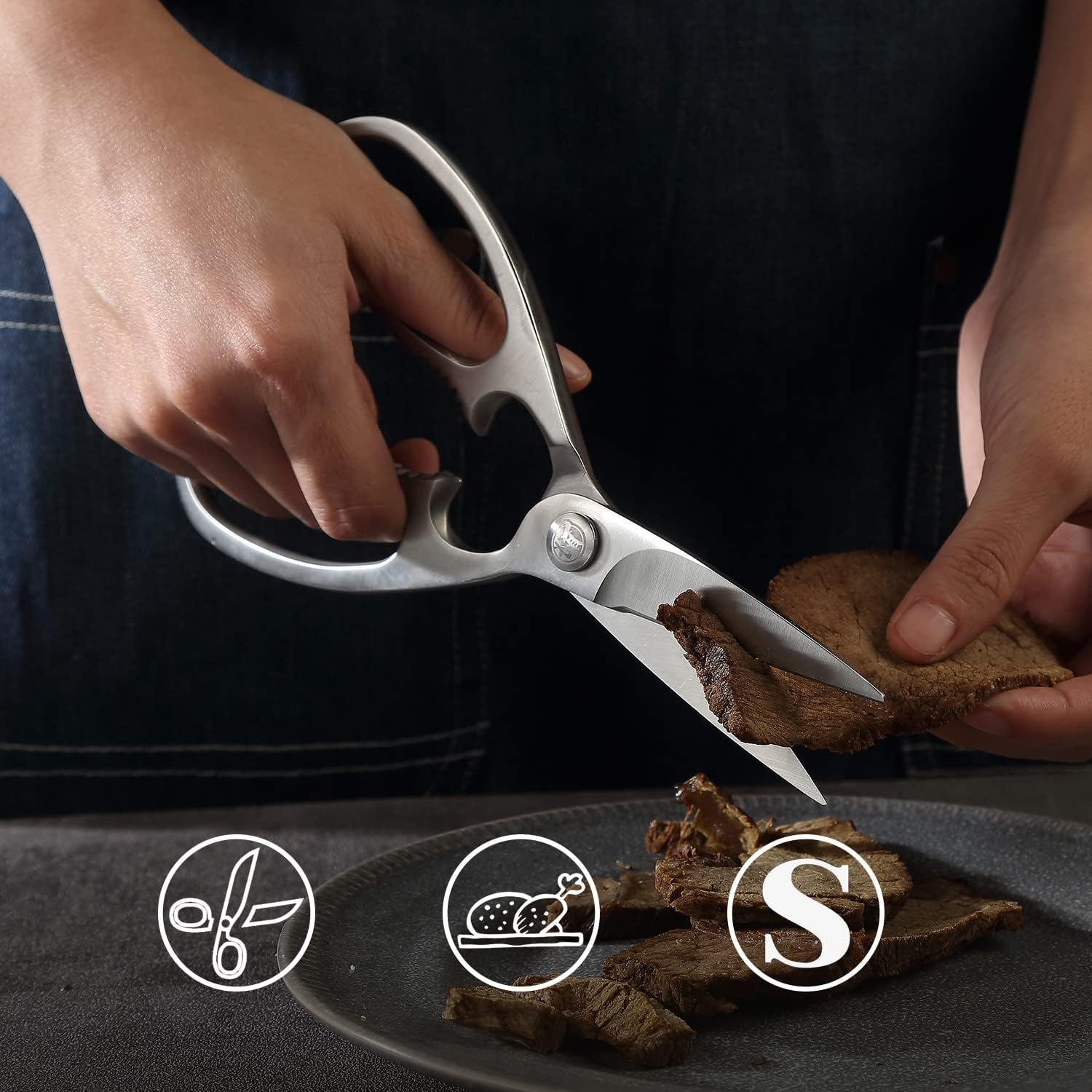 MITSUMOTO SAKARI Japanese Multipurpose Kitchen Shears, 8 inch Stainless Steel Heavy Duty Kitchen Scissors, Professional Multi-Purpose Poultry Shears for Meat, Chicken, Fish, Herbs-Sliver90