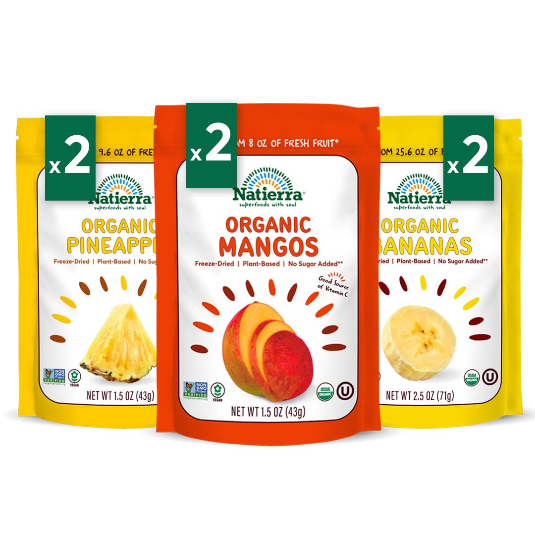 NATIERRA Organic Freeze-Dried Pineapples, Bananas & Mangos USDA Organic, Non-GMO & Vegan, Gluten Free, No Additives, No Sugar Added Variety Pack (Pack of 6)0