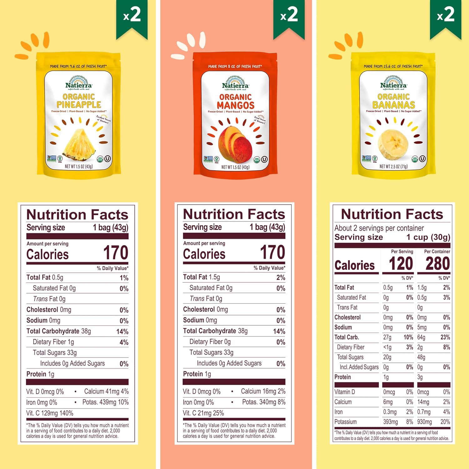 NATIERRA Organic Freeze-Dried Pineapples, Bananas & Mangos USDA Organic, Non-GMO & Vegan, Gluten Free, No Additives, No Sugar Added Variety Pack (Pack of 6)1