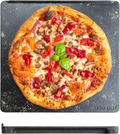 NerdChef Speed Steel - High Performance Pizza Baking Stone | Integrated Backstop & Handles | Heating Fins (13.5" x 14.5" x .90" Thick)