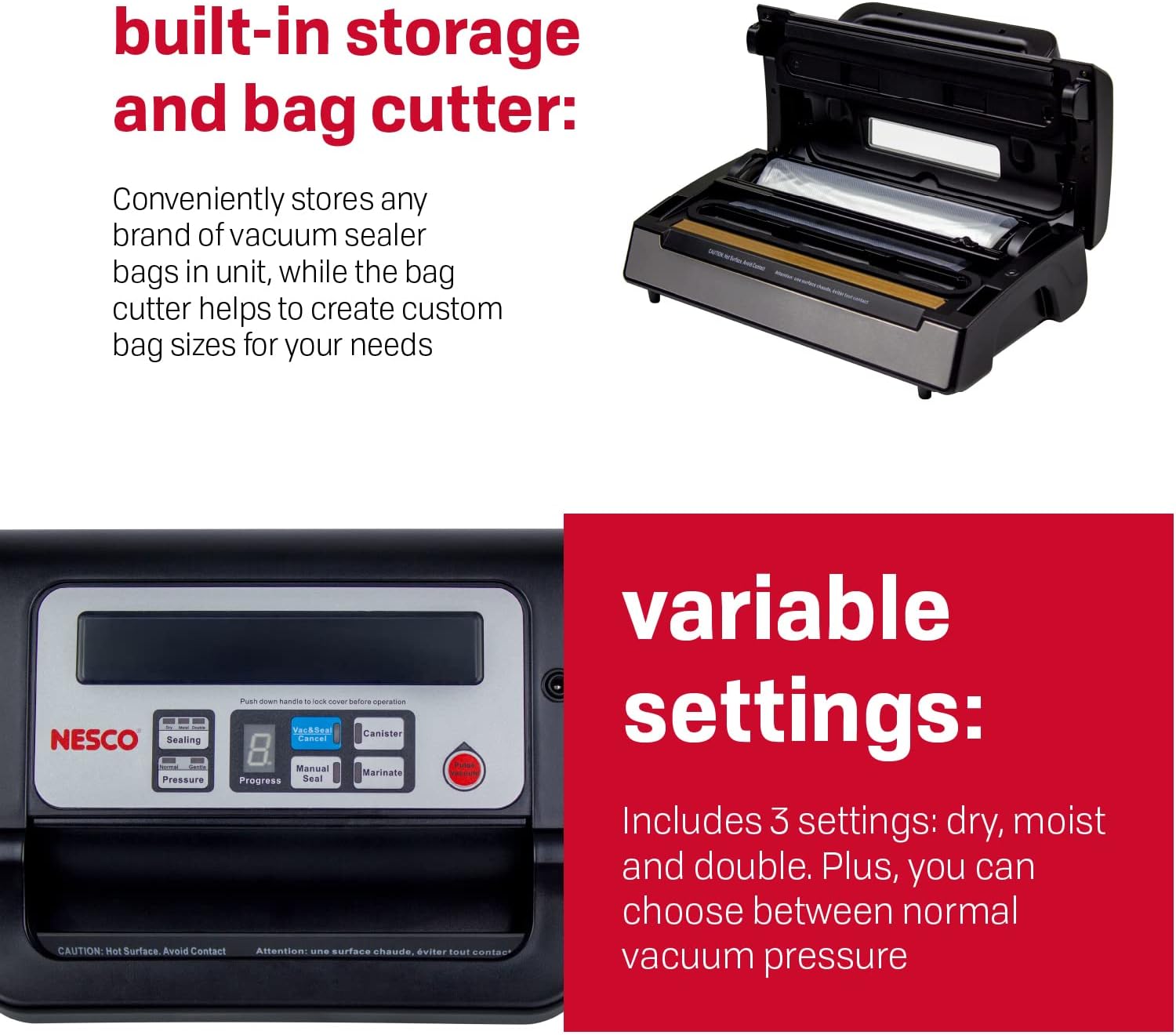 Nesco Deluxe Food VS-12 Vacuum Sealer, 130 Watts, Kit Bags & Viewing Lid, Compact, Silver6