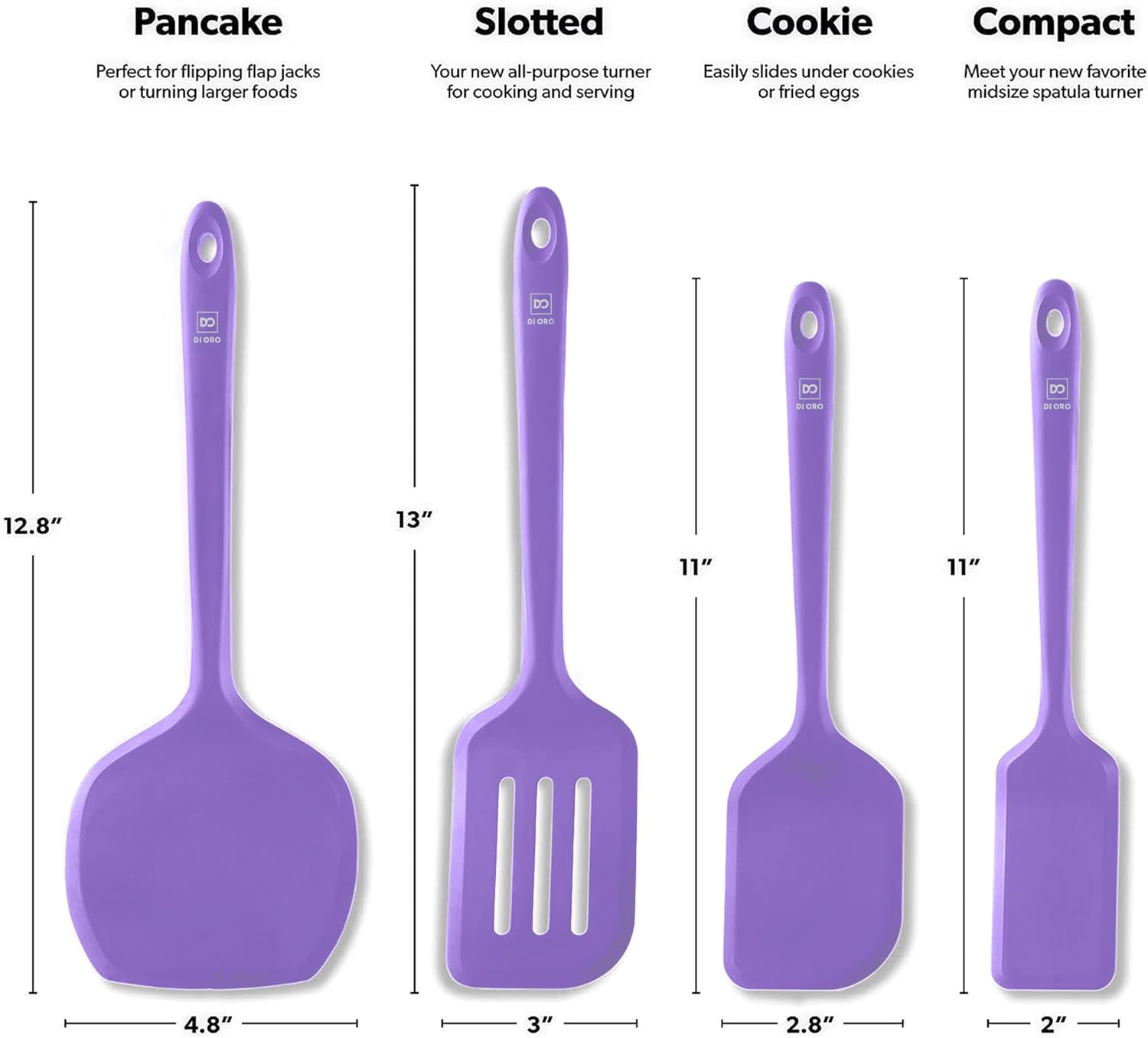 New DI ORO Silicone Turner Spatula Set - Kitchen Spatulas for Nonstick Cookware - Cooking Utensils for Flipping Eggs & Pancake - 600°F Heat-Resistant BPA Free Turners - Dishwasher Safe (4pc, Lavender)87