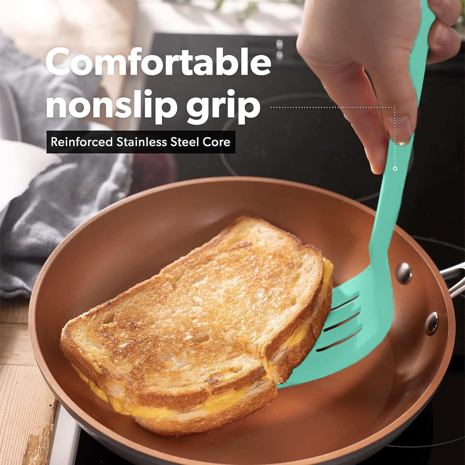 New DI ORO Silicone Turner Spatula Set - Kitchen Spatulas for Nonstick Cookware - Cooking Utensils for Flipping Eggs & Pancakes - 600°F Heat-Resistant BPA Free Turners - Dishwasher Safe (4pc, Mint)7